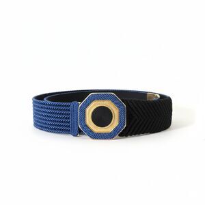 Vintage 80s Gutos Enamel Art Deco Black Blue Gold Braided Rope Stretch Belt M